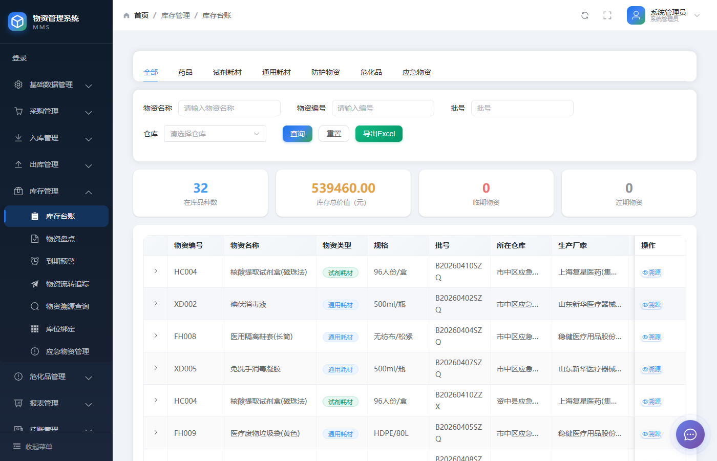 荣信微安疾控中心智慧物资管理平台库存盘点界面截图 —— 定期盘点与差异处理。